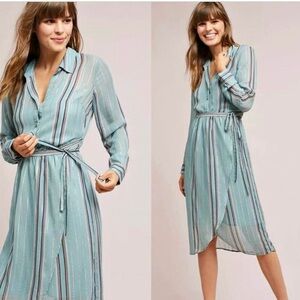 Anthropologie Hemant and Nandita Heather stripped metallic wrap midi blue dress